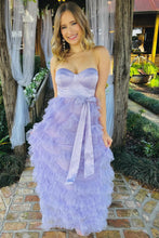 Lavender Sweetheart Bow Belt Ruffle Maxi Dress