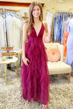 Cross-Back Plunge V Ruffle Maxi Dress in Smoky Blue