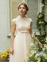 A-Line Wedding Dresses High Neck Sweep  Brush Train Tulle Short Sleeve Open Back with Bowknot Sash  Ribbon Beading