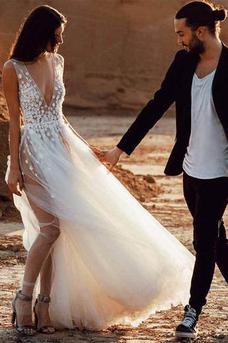 Sexy Tulle See-Through A-line V Neck Beach Wedding Dresses with Slit, MW261