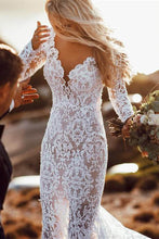 Charming Long Sleeve See Through Lace Rustic Mermaid Wedding Dress,MW266