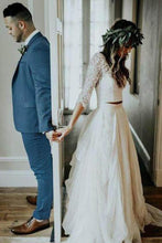 Cheap 3/4 Sleeve Lace Ivory Chiffon Rustic Two Piece Wedding Dress,MW273