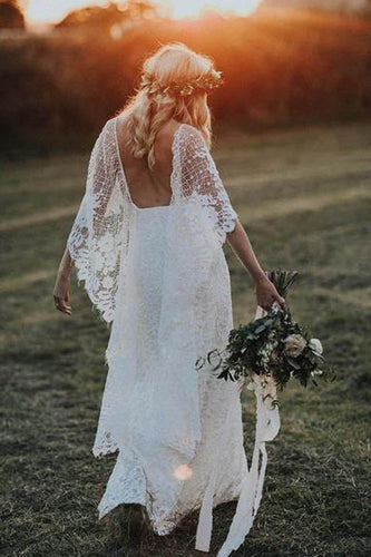 Sheath Boho Batwing Sleeve Lace Rustic Ivory Wedding Dresses ,MW276