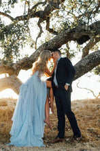 Sky Blue Rustic Thigh Split Beach Wedding Gown with Court Train,MW281