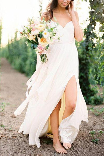 Simple Spaghetti Strap Summer Cheap Wedding Dresses with Slit, MW286