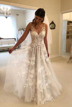 Gorgeous A-line Lace V-neck Tulle Long Wedding Dress with Appliques,MW289
