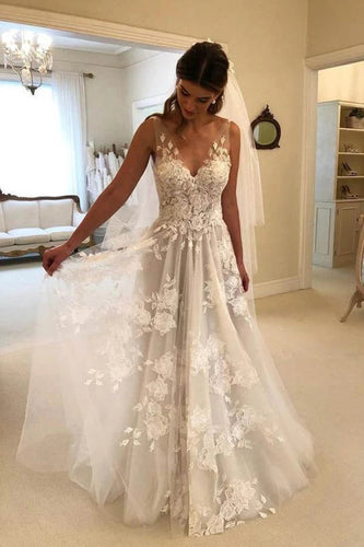 Gorgeous A-line Lace V-neck Tulle Long Wedding Dress with Appliques,MW289