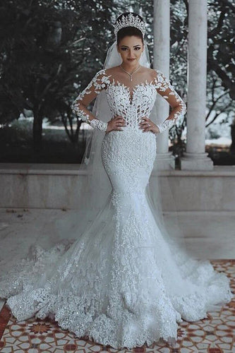 Cheap Long Sleeve Lace Wedding Dress Mermaid Bridal Gowns,MW291