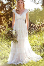 Simple A-Line V-Neck Bohemian Lace Bridal Gown Beach Wedding Dresses,MW293