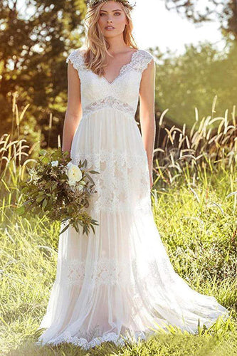 Simple A-Line V-Neck Bohemian Lace Bridal Gown Beach Wedding Dresses,MW293