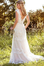 Simple A-Line V-Neck Bohemian Lace Bridal Gown Beach Wedding Dresses,MW293