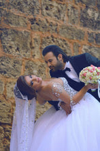 Vintage Long Sleeve Beadings Ball Gown Tulle Wedding Dress,MW297