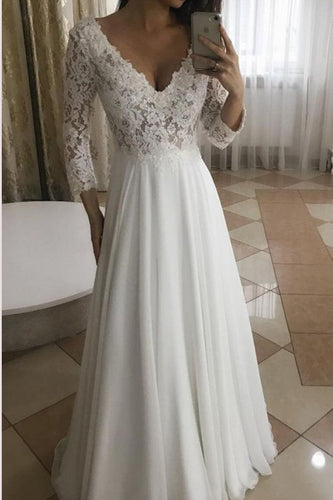 Elegant A-Line V-Neck Long Sleeves White Lace Long Wedding Dresses,MW298