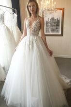 Cheap Ball Gown V-Neck Ivory Open Back Wedding Dress with Appliques,MW302