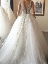 Cheap Ball Gown V-Neck Ivory Open Back Wedding Dress with Appliques,MW302