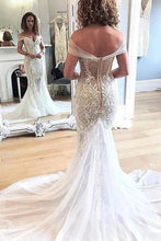 Lace Applique Retro Off the Shoulder Vintage Mermaid Wedding Dress,MW304