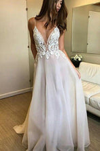 Spaghetti Straps Deep V-neck Lace Appliqued Beach Wedding Dress, MW306