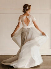 Short Sleeve Lace and Tulle Silver Country Wedding Dresses with Sash, MW308