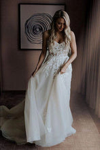 A-Line Sweetheart Sweep Train Wedding Dress with Appliques Beading, MW309