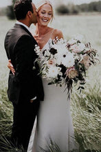 Simple Spaghetti Straps Mermaid V-Neck Satin Boho Beach Wedding Dresses,MW310