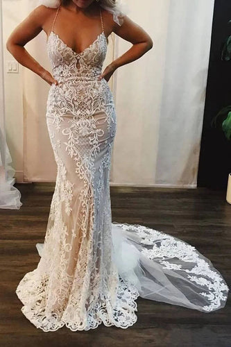 Mermaid Lace Appliques Spaghetti Straps V-Neck Ivory Wedding Dresses,MW311