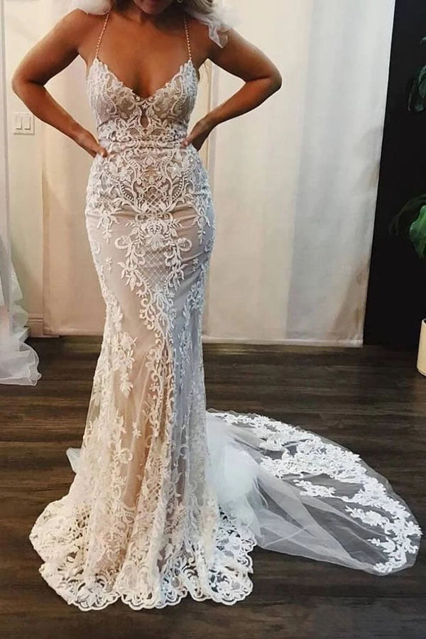 Mermaid Lace Appliques Spaghetti Straps V-Neck Ivory Wedding Dresses,MW311
