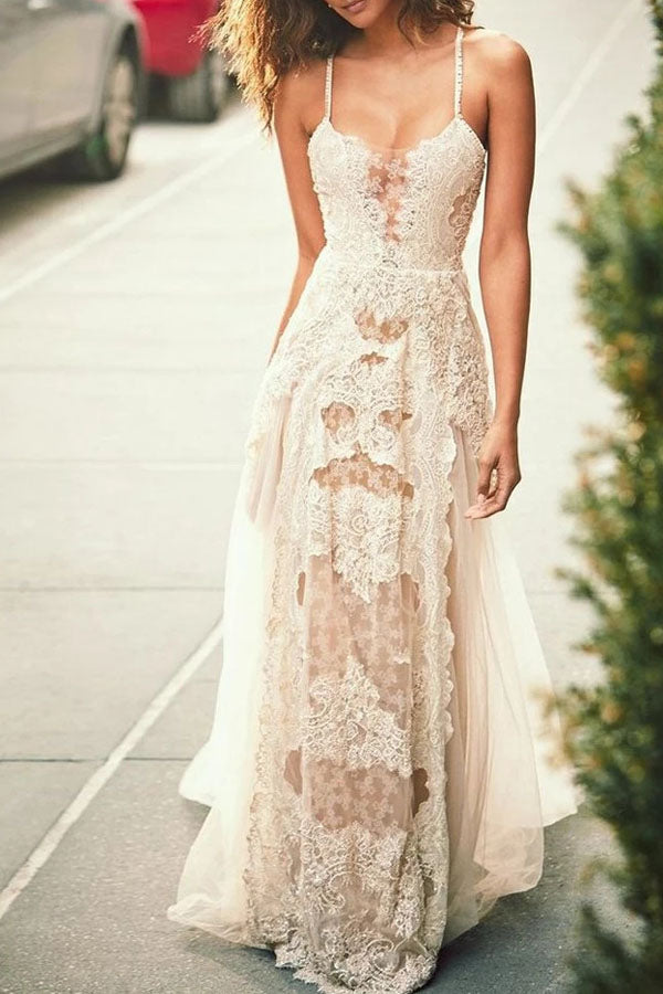 Cheap Spaghetti Straps Tulle Beach Wedding Dress, Lace Appliques Bridal  Dresses,MW312 – Anna PromDress