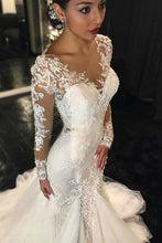 Elegant Long Sleeves Court Train Ivory Wedding Dress With Lace Appliques,MW313