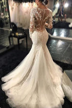 Elegant Long Sleeves Court Train Ivory Wedding Dress With Lace Appliques,MW313
