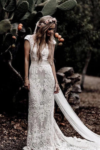 Cap Sleeve Sheath Boho Wedding Dresses Vintage Lace Rustic Wedding Dress,MW314