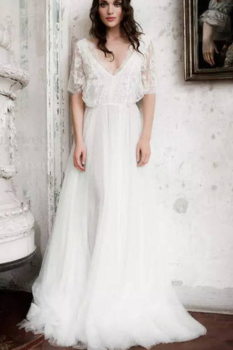 Short Sleeve Boho Wedding Dresses Ivory Lace Chiffon Rustic Wedding Gown,MW316