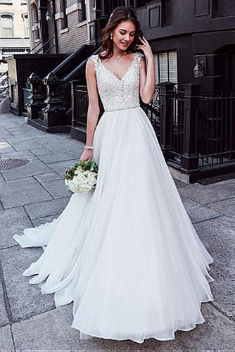 Charming Tulle V-neck A-line Wedding Dress With Beaded Lace Appliquess,MW318