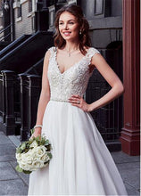 Charming Tulle V-neck A-line Wedding Dress With Beaded Lace Appliquess,MW318