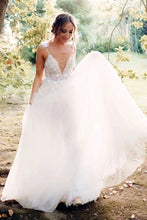 Simple Lace Top Spaghetti Straps A-Line Sweep Train Long Wedding Dresses,MW324