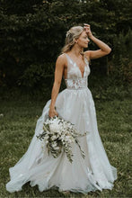 See Through Tulle V-neck Lace Ivory V-back Beach Wedding Dresses,MW329