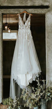 See Through Tulle V-neck Lace Ivory V-back Beach Wedding Dresses,MW329
