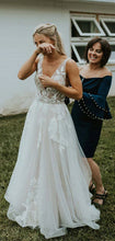 See Through Tulle V-neck Lace Ivory V-back Beach Wedding Dresses,MW329