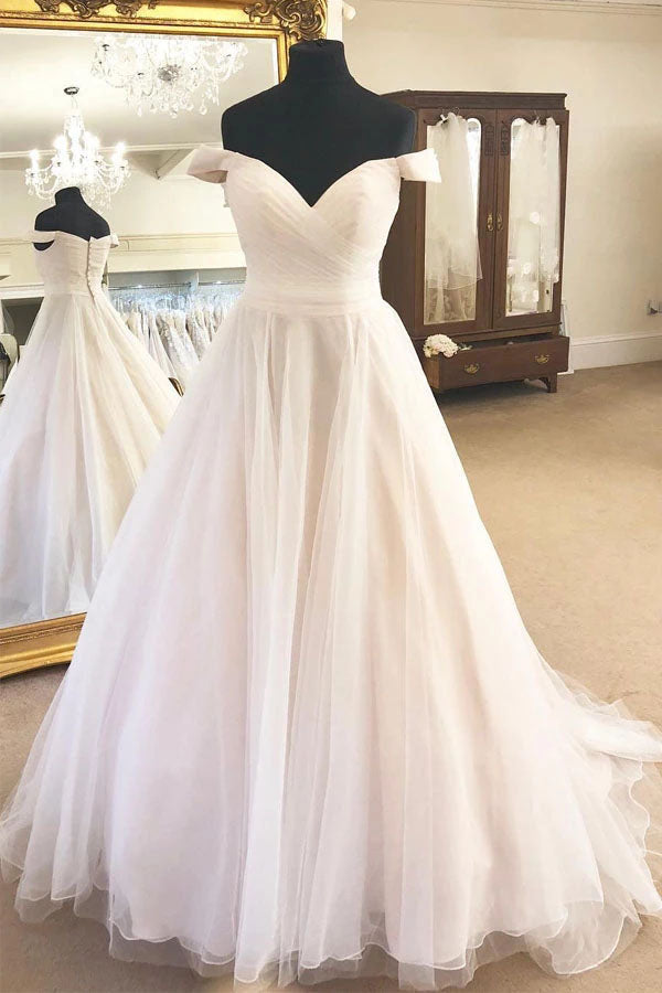 Tulle Off the Shoulder A-Line Sleeveless Ivory Wedding Dress with Pleats,MW330