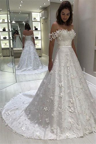 Cheap Off Shoulder A-line Long Wedding Dresses Lace Bridal Dresses,MW333