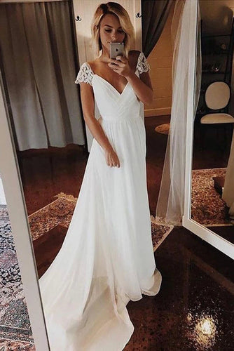 Simple A-line Chiffon Wedding Dresses Cap Sleeve V-neck Bohemian Beach Bridal Gowns,MW335