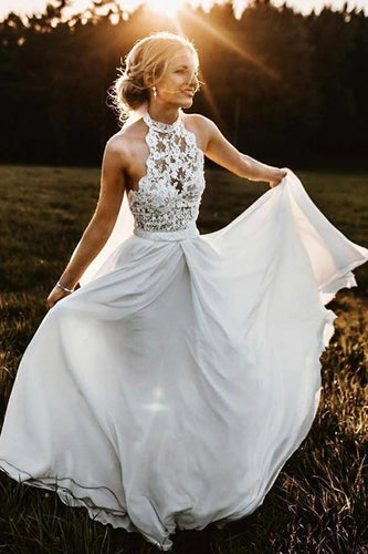 Chiffon A-Line Halter Sleeveless Long Beach Wedding Dress with Lace,MW336