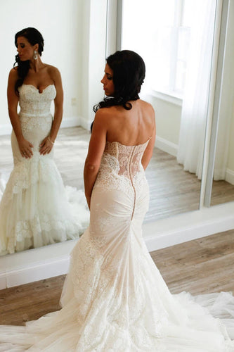 Sweetheart Mermaid Tiered Lace Wedding Dress Ruched with Sweep Train,MW337