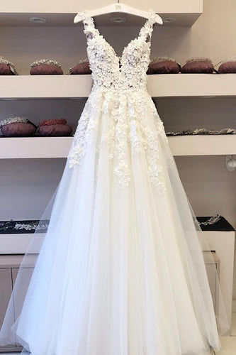 Cheap V-neck Long Wedding Dresses A-line Bridal Gowns with Appliques,MW339