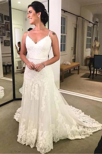 Spaghetti Strap Printed Backless Lace Beach Wedding Dresses with Sash,MW341