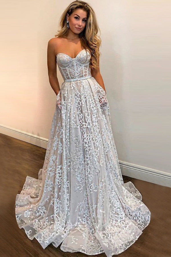 A-line Sweetheart Strapless Sweep Train Lace Pockets Wedding Dress with Sequins,MW342