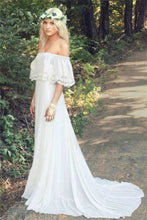 A-line Off the Shoulder Bohemian Lace Chiffon Ivory Summer Beach Wedding Dresses,MW344