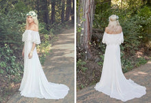 A-line Off the Shoulder Bohemian Lace Chiffon Ivory Summer Beach Wedding Dresses,MW344