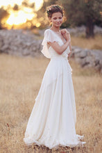 Elegant A-Line Ivory Flower Cap Sleeve V-Neck Chiffon Open Back Wedding Dresses,MW345