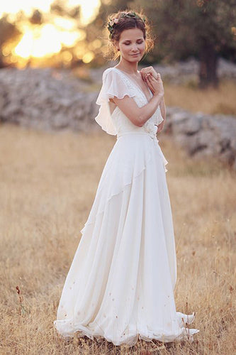 Elegant A-Line Ivory Flower Cap Sleeve V-Neck Chiffon Open Back Wedding Dresses,MW345