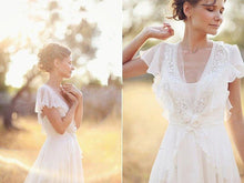 Elegant A-Line Ivory Flower Cap Sleeve V-Neck Chiffon Open Back Wedding Dresses,MW345